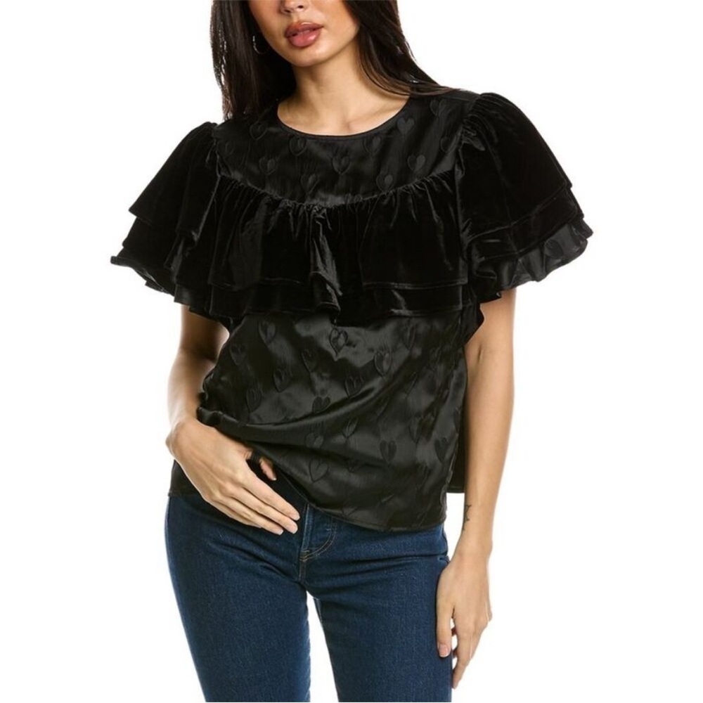 Crosby By Mollie Burch Marian Ruffle Top In Velvet Dancing Hearts NWT Size Small